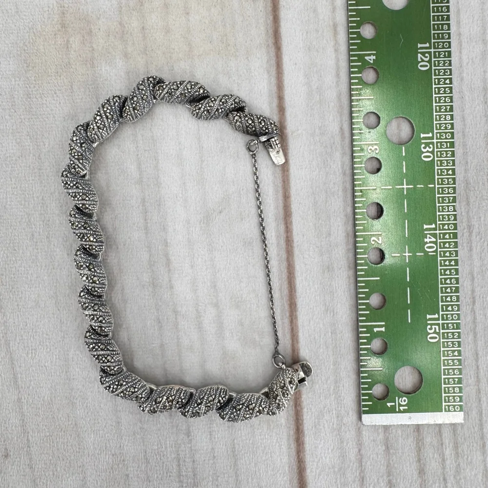 Sterling Silver Marcasite Link Bracelet Stamped 925 Vintage Estate Jewelry